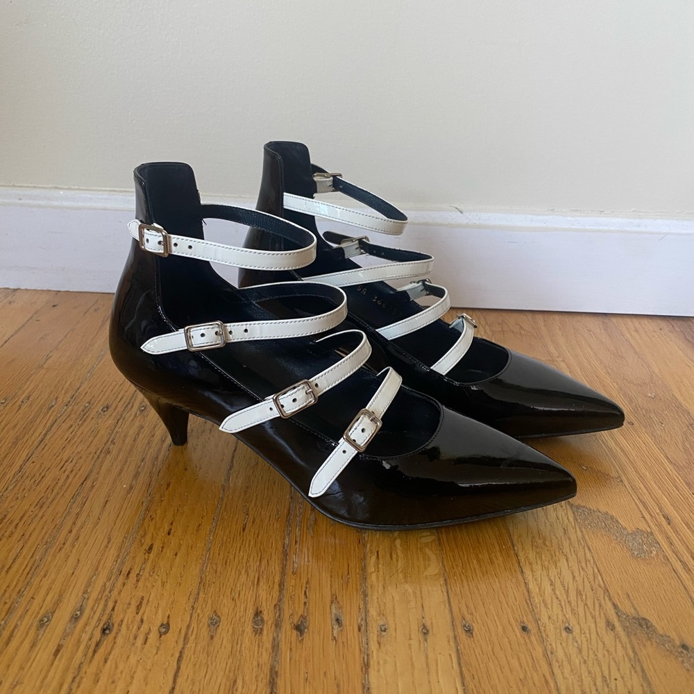 Saint Laurent Black and White Strappy Women's Heels